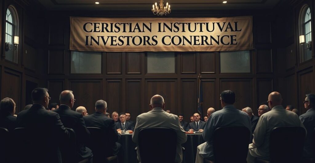 Poważnócne zdjęcie konferencji inwestorów chrześcijańskich, ukazujące apostazję i synkretyzm pod płaszczykiem "wartości".