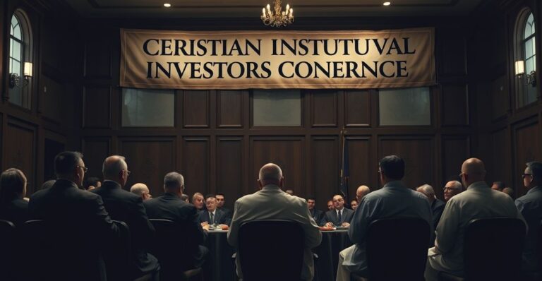 Poważnócne zdjęcie konferencji inwestorów chrześcijańskich, ukazujące apostazję i synkretyzm pod płaszczykiem "wartości".