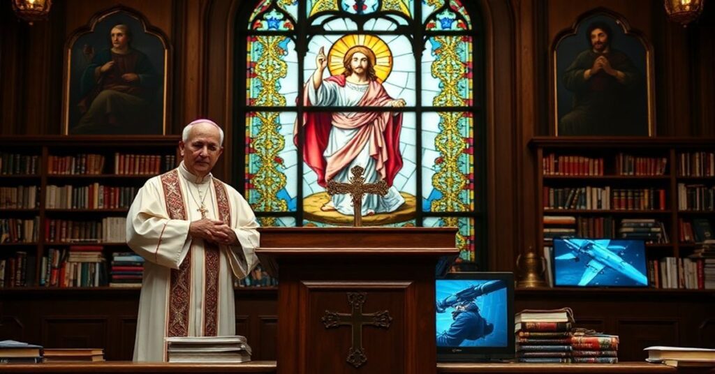 Konferencja katolicka na temat broni autonomicznej z biskupem Vincenzo Paglią i aktywistką Nicole van Rooijen na tle witrażu z Chrystusem Królem