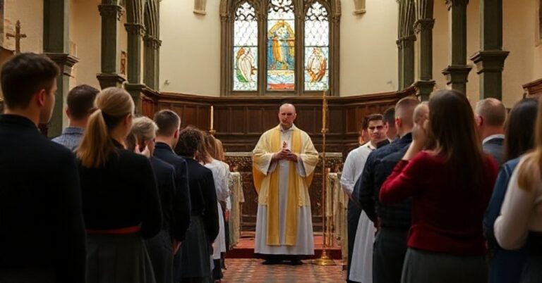 Realistyczny obraz katolickiego zgromadzenia w tradycyjnym kościele, z kapłanem w liturgicznych szatach i wiernymi młodymi, wyrażający powagę i wierność tradycji katolickiej