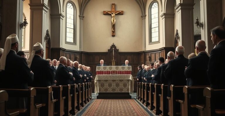 Reverentna scena kościelna z duchownymi podczas konferencji, ukazująca zagrożenie dla tradycyjnej wiary katolickiej w obliczu modernistycznych zagrożeń