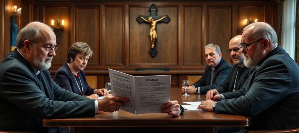 Zdjęcie przedstawia konferencję prasową Konferencji Episkopatu Polski dotyczącą edukacji zdrowotnej z udziałem przedstawicieli KEP i świeckich organizacji.