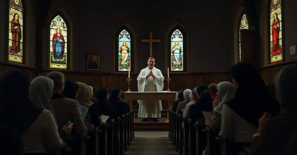 Tradycyjny katolicki wnętrze kaplicy z kobietami podczas Mszy Świętej w tradycyjnym stylu