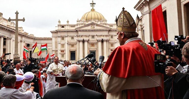Uroczysta konferencja prasowa Leona XIV na tle Watykanu z symbolami ekumenizmu; rękawice symbolizują osobę fałszywego papieża i jego zdrady wiary katolickiej