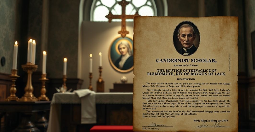 Tradycyjny ołtarz katolicki z portretem modernistycznego prawnika i dokumentem kanonizacyjnym, symbolizujący konflikt między autentyczną świętością a nowoczesnymi innowacjami teologicznymi.