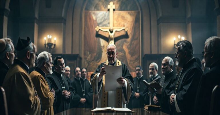 Grupa kleryku i uczonych dyskutuje w ciemnej, tradycyjnej kościelnej sali o kontrowersyjnej deklaracji "Nostra aetate". Na tle krzyża i starożytnych ksiąg liturgicznych widoczne są elementy modernistyczne.