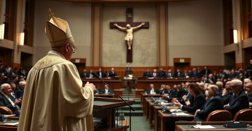 Konferencja w Parlamencie Europejskim na temat prześladowań chrześcijan w Indiach i Pakistanie. Biskup w tradycyjnych ornatach przemawia przed zebranym gronem godnych osób. Na tle widoczny duży krzyż.