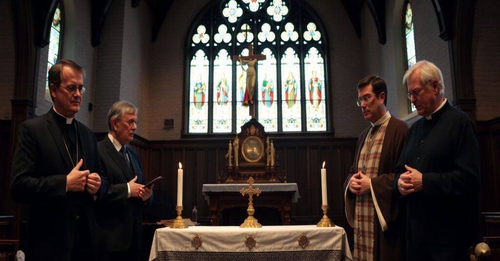 Grupa pięciu katolickich intelektualistów modli się w tradycyjnym kościele w Kansas podczas konferencji Prairie Troubadour.