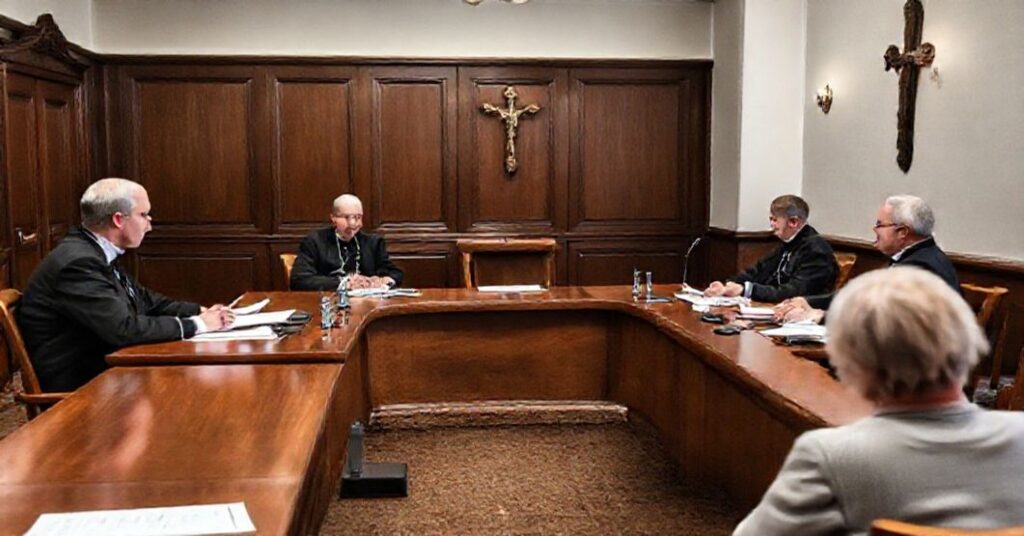 Konferencja prasowa w KEP w Warszawie z udziałem ks. Leszka Gęsiaka SJ i ekspertów ISKK prezentujących rocznik statystyczny Kościoła katolickiego.