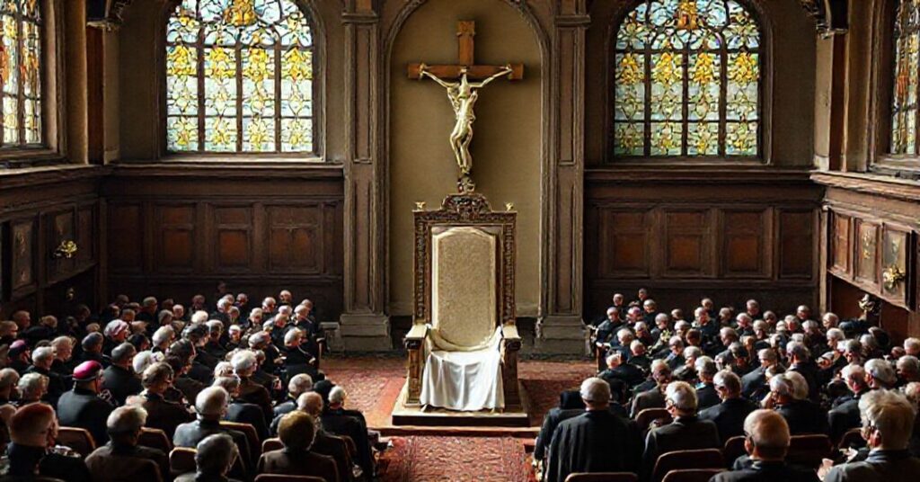 Sala konferencyjna Papieskiego Uniwersytetu Gregoriańskiego z pustym krzesłem prawdziwego papieża otoczonego modernistami