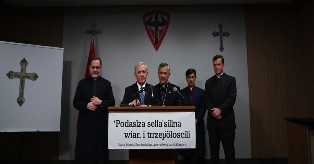 Konferencja prasowa z uczestnikami w ciemnym pomieszczeniu z banerem "Polska silna wiarą i trzeźwością"