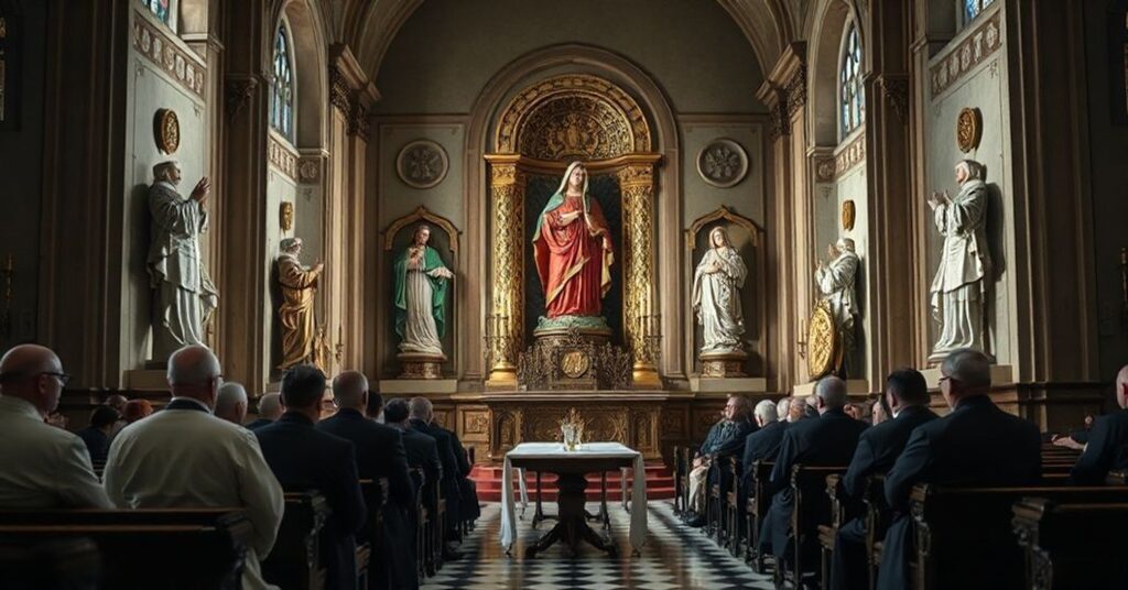 Wystawa w watykańskim koście z tradycyjnymi posągami Matki Bożej i świętych, z grupą modernistycznych duchownych dyskutujących o synkretyzmie pod pozorem pobożności maryjnej.