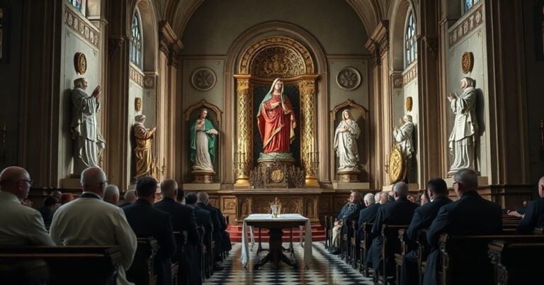 Wystawa w watykańskim koście z tradycyjnymi posągami Matki Bożej i świętych, z grupą modernistycznych duchownych dyskutujących o synkretyzmie pod pozorem pobożności maryjnej.