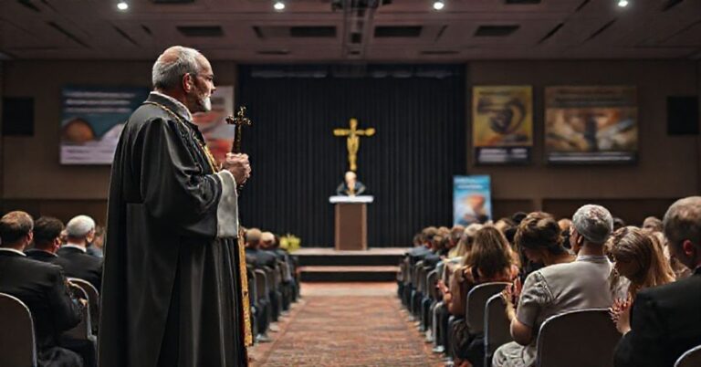 Scena konferencji katolickiej we Włoszczowie z tradycyjnym księzem i grupą wiernych modlących się podczas przemówienia pseudopapieża Leona XIV dotyczącego walki z uzależnieniami.