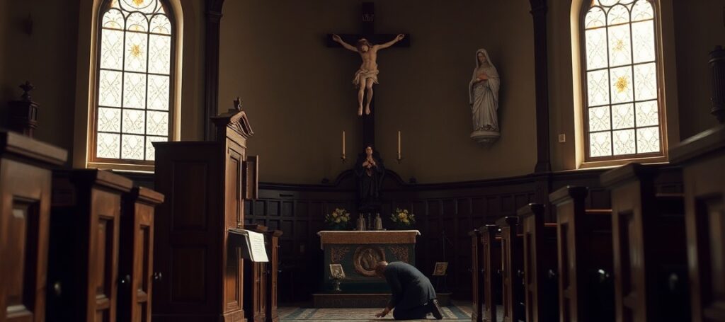 Zdjęcie przedstawia tradycyjną wnętrze kościoła katolickiego z konfesjonałem i klęczącym grzesznikiem. Scena podkreśla powagę sakramentu pokuty przy cichej, naturalnej świetle przechodzącym przez witraże. Krzyż wiszący na ścianie symbolizuje Bożą sprawiedliwość i miłosierdzie.