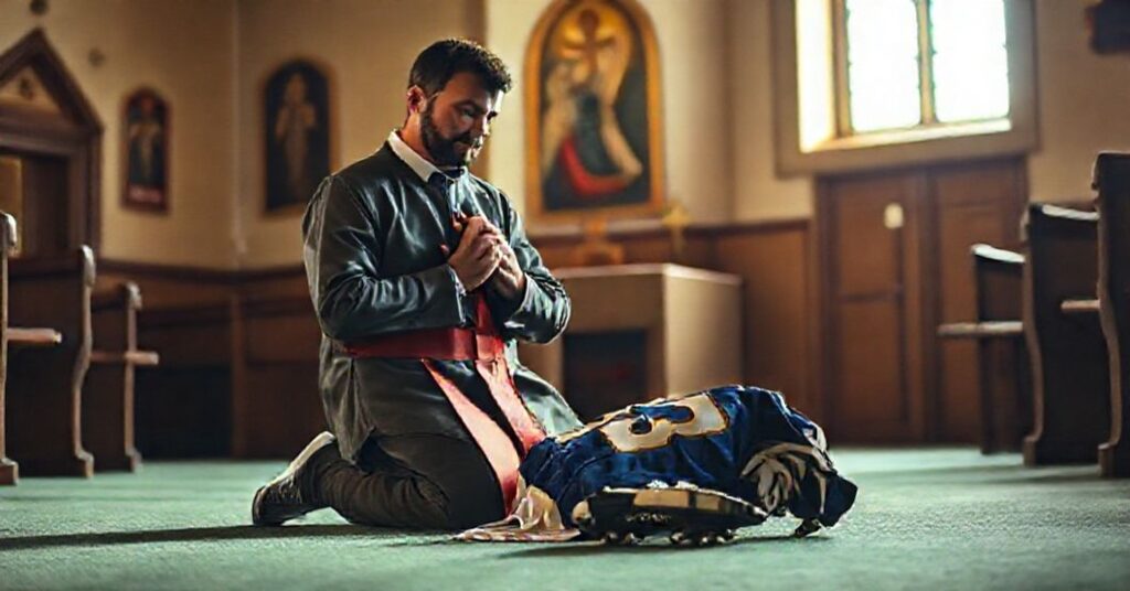 Mężczyzna w modlitwie w kościele z piłkowym strojem u stóp