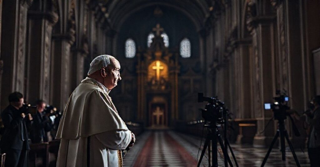 Prawowity biskup w pełnym stroju liturgicznym w katedrze, patrzący z troską na konferencję prasową, symbolizując konflikt między prawdziwym przywództwem duchowym a współczesną biurokracją.