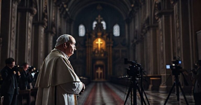 Prawowity biskup w pełnym stroju liturgicznym w katedrze, patrzący z troską na konferencję prasową, symbolizując konflikt między prawdziwym przywództwem duchowym a współczesną biurokracją.