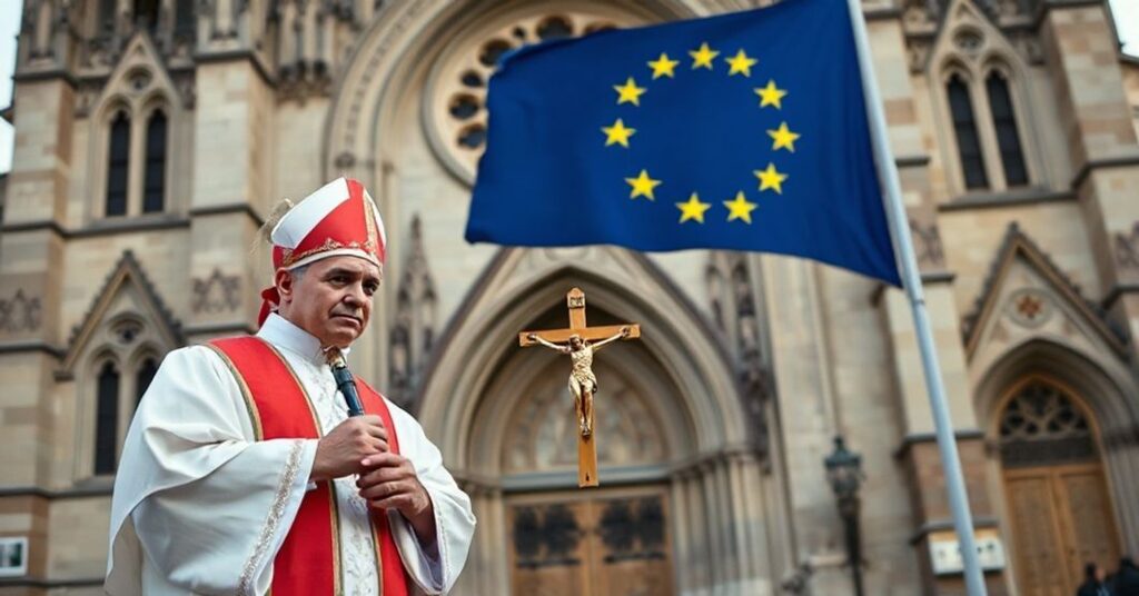 Tradycyjny ksiądz katolicki stoi przed katedrą z krzyżem w ręku, rozważając konflikt między panowaniem Chrystusa a projektem Unii Europejskiej.