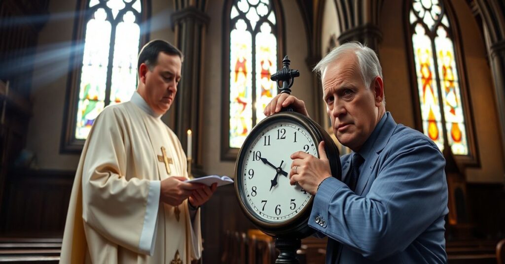 Kawał tradycyjnego kościoła katolickiego z księdzem celebrowanym Mszę Świętą na pierwszym planie i urzędnikiem regulującym zegar w tle.