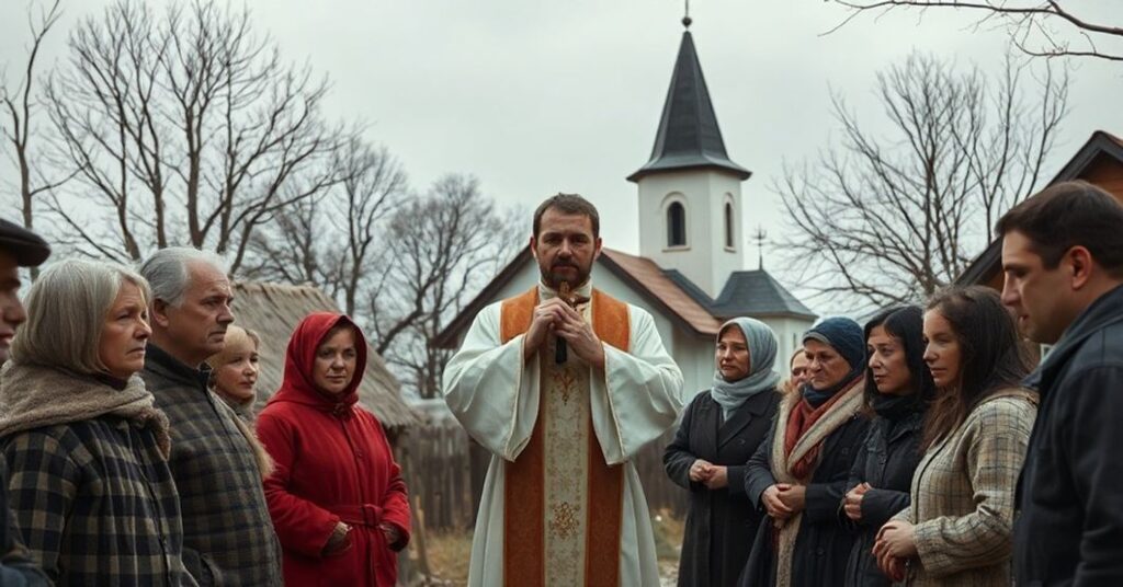 Pozornie pokojowa wiejska scena z napięciem między Polakami a Ukraińcami, przy obecności kapłana trzymającego krucyfiks w tradycyjnym polskim kościele katolickim.