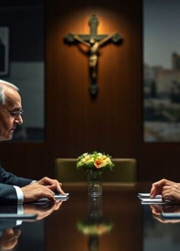 Obraz przedstawiający konflikt izraelsko-palestyński z perspektywy katolickiej, z akcentem na brak uznania królewskiej godności Chrystusa.