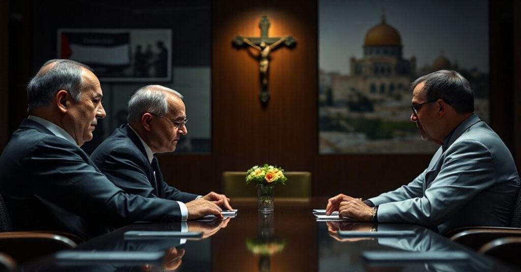 Obraz przedstawiający konflikt izraelsko-palestyński z perspektywy katolickiej, z akcentem na brak uznania królewskiej godności Chrystusa.