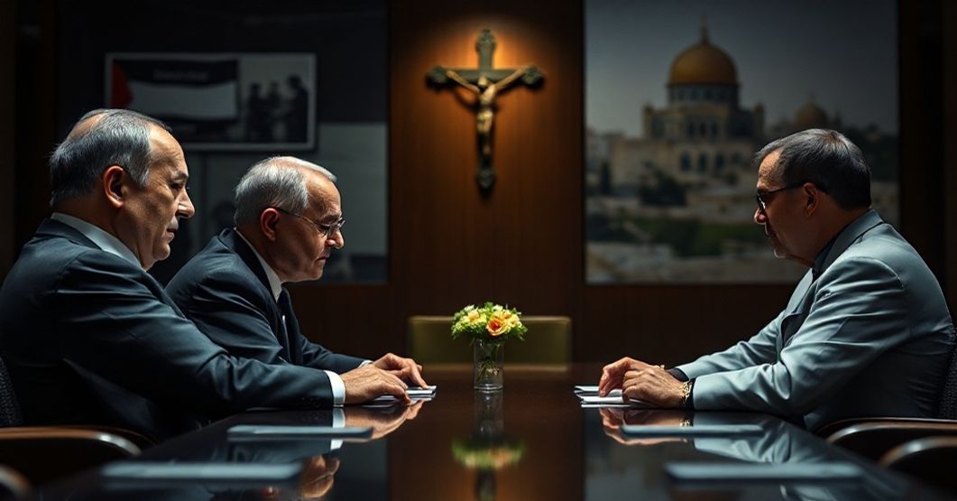 Obraz przedstawiający konflikt izraelsko-palestyński z perspektywy katolickiej, z akcentem na brak uznania królewskiej godności Chrystusa.