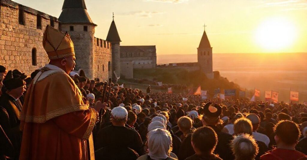 Grupa katolickich pielgrzymów w tradycyjnych strojach na Jasnej Górze podczas konfliktu z "biskupem" Arturem Wańskim i "arcybiskupem" Wacławem Depo