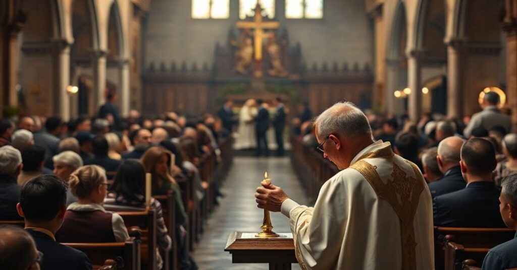 Tradycyjna msza święta w katolickim kościele z tłem przedstawiającym deportacje nielegalnych imigrantów, symbolizującą konflikt między wiernymi a modernistyczną hierarchią