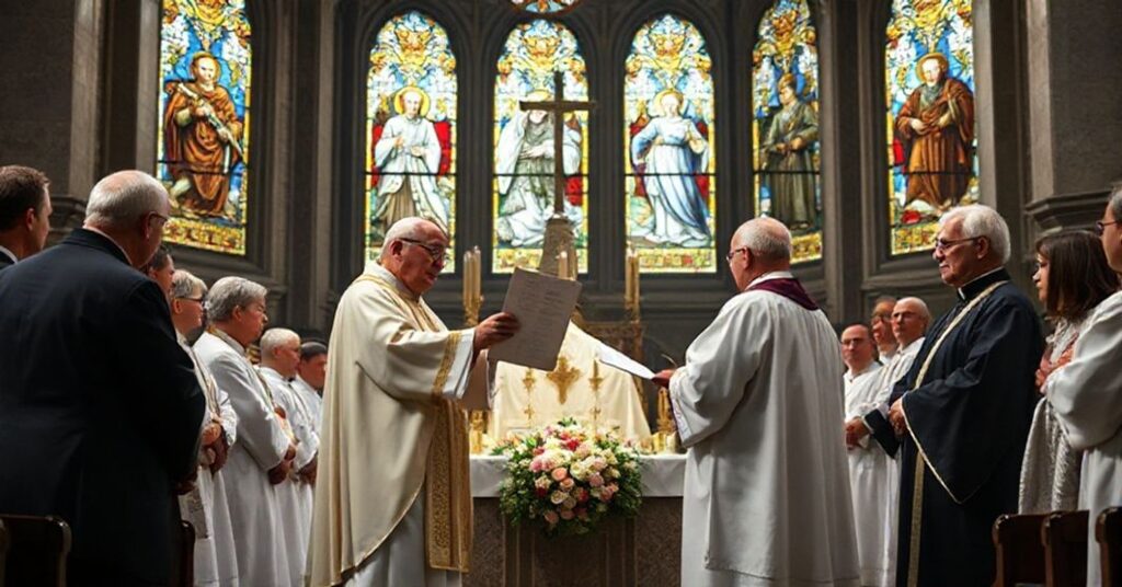 Cerkiew katolicka z nowoczesnym biskupem i starszym kapłanem w tradycyjnym ornaty. Symbolizuje konflikt między prawdziwym męczeństwem a polityczną kanonizacją.