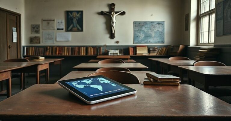 Pokoj szkolny z krzyżem, starymi książkami wiari i starym biurkiem nauczyciela. Nowoczesny tablet z symbolami globalistycznymi leży porzucony na biurku, kontrastujący z przedmiotami sakralnymi. Obraz przekazuje konflikt pomiędzy autentyczną edukacją katolicką a wpływem secularyzacji i globalizmu.