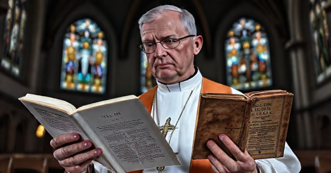 Tradycyjne vs. Posoborowe Katechizmy: Konflikt Wiary Sobótni kapłan w tradycyjnych szatach liturgicznych trzymający Katechizm Kościoła Katolickiego (KKK) obok antycznego egzemplarza Katechizmu św. Piusa X w kościele.