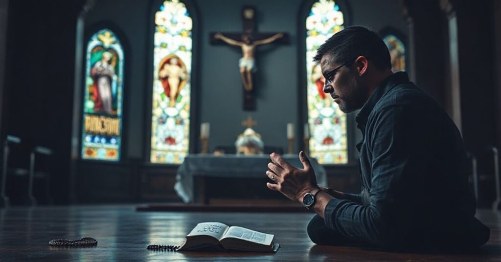 Człowiek modli się przed krzyżem w tradycyjnym wnętrzu kościelnym, walcząc z nowoczesnym relatywizmem duchowym