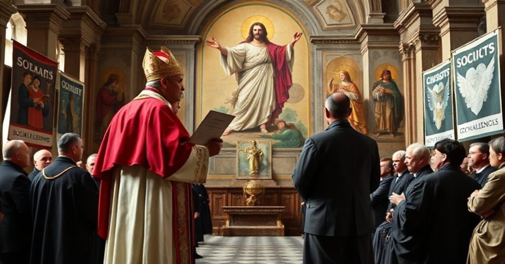 Episkopat w tradycyjnych szatach kościelnych przed zebraniem świeckich przedstawicieli, symbolizujący konflikt między prawdziwą nauką katolicką a współczesnym humanizmem.