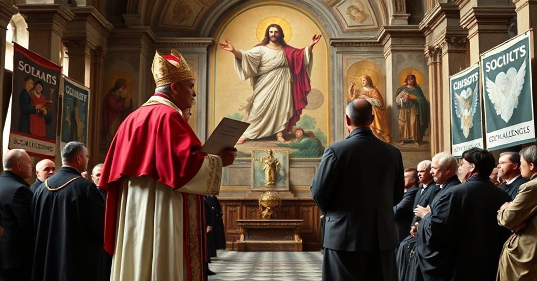 Episkopat w tradycyjnych szatach kościelnych przed zebraniem świeckich przedstawicieli, symbolizujący konflikt między prawdziwą nauką katolicką a współczesnym humanizmem.