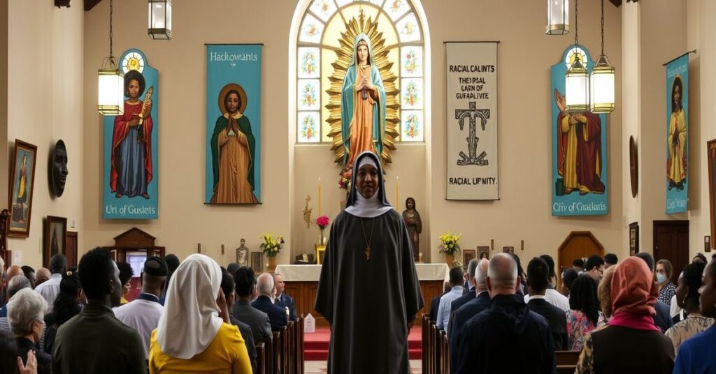 Tradycyjny scenariusz kościelny z konfliktem między nauczaniem katolickim a modernizmem wokół procesu kanonizacji Siostry Thea Bowman.