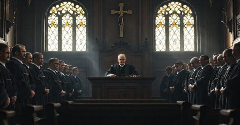 Obraz przedstawiający konflikt między "prezydentem" Karolem Nawrockim a 46 zablokowanymi sędziami w tradycyjnym katolickim sądzie.