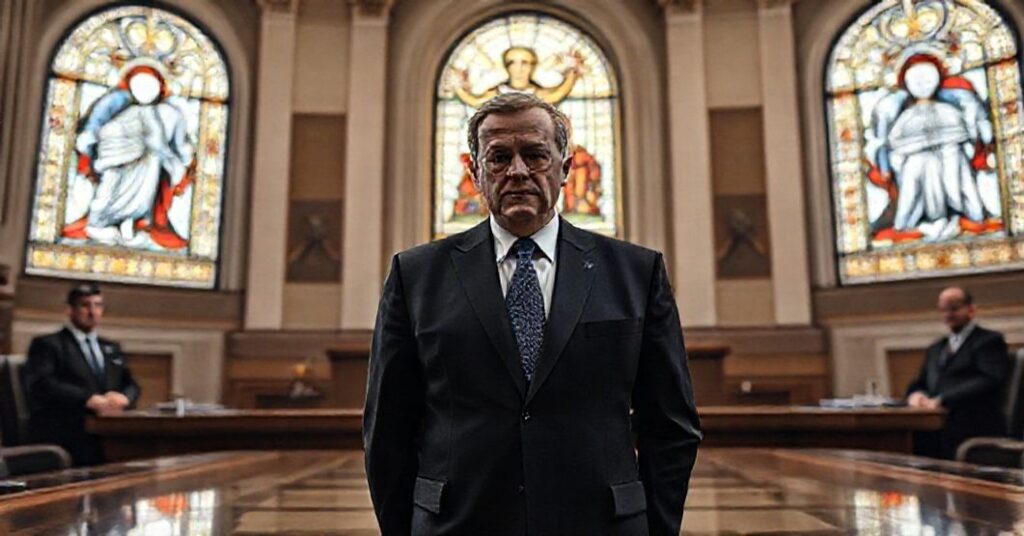 Uroczysty obraz konfliktu w Narodowym Banku Polskiego z prezesem Adamem Głapińskim i członkami zarządu na tle okien z witrażami przedstawiającymi Chrystusa Króla