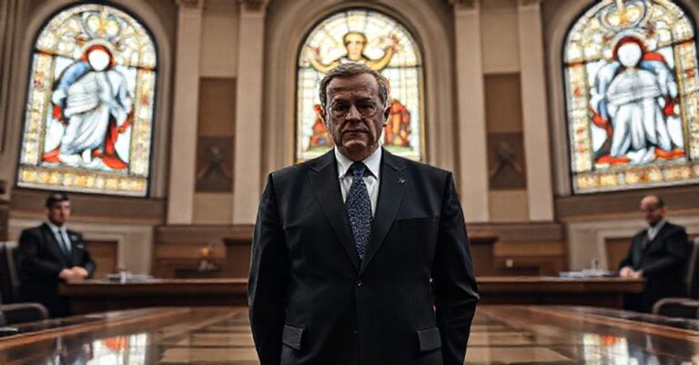 Uroczysty obraz konfliktu w Narodowym Banku Polskiego z prezesem Adamem Głapińskim i członkami zarządu na tle okien z witrażami przedstawiającymi Chrystusa Króla