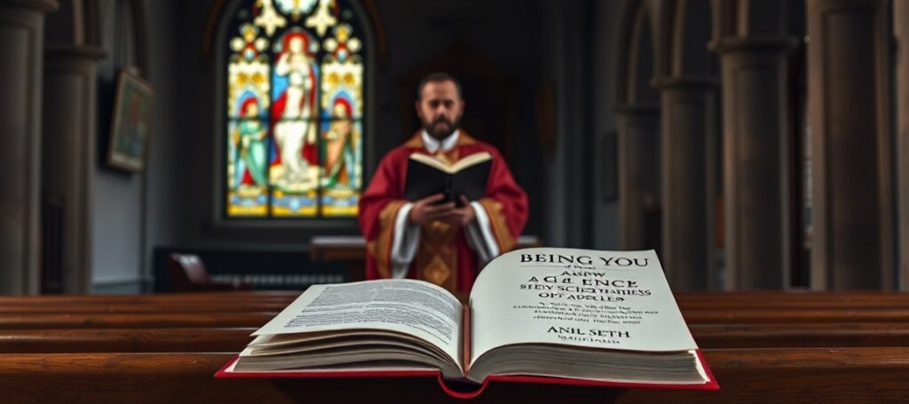Wnętrze tradycyjnego kościoła katolickiego z księdzem w pełnym ornaty stojącym przed ołtarzem z otwartym Summa Theologiae św. Tomasza z Akwinu. Na pierwszym planie leży książka Anila Setha 'Being You: A New Science of Consciousness'.