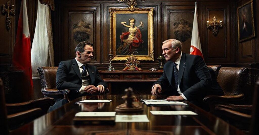 Prezydent Karol Nawrocki i Premier Donald Tusk w konflikcie w biurze rządowym z symbolami religijnymi.