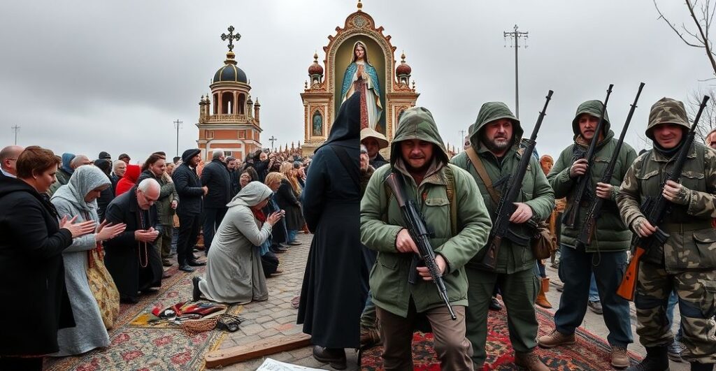 Tradycyjna pielgrzymka katolicka na Jasnej Górze w kontrastowi z myśliwskimi - zdjęcie ilustrujące konflikt między autentyczną pobożnością a naturalistycznym podejściem do natury