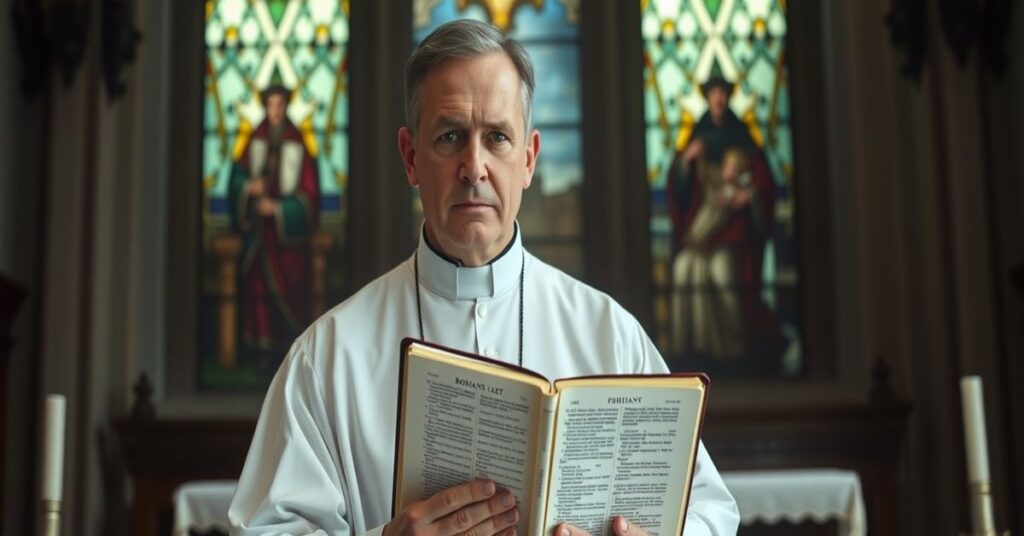 Obrązek przedstawia kapłana w kościele przed ołtarzem z Biblią otwartą nafragmentu Listu do Rzymian 1:26-27, symbolizując konflikt między prawem boskim a nowoczesnym prawem. Na tle witraż jest widoczna sylwetka brytyjskiego parlamentu.