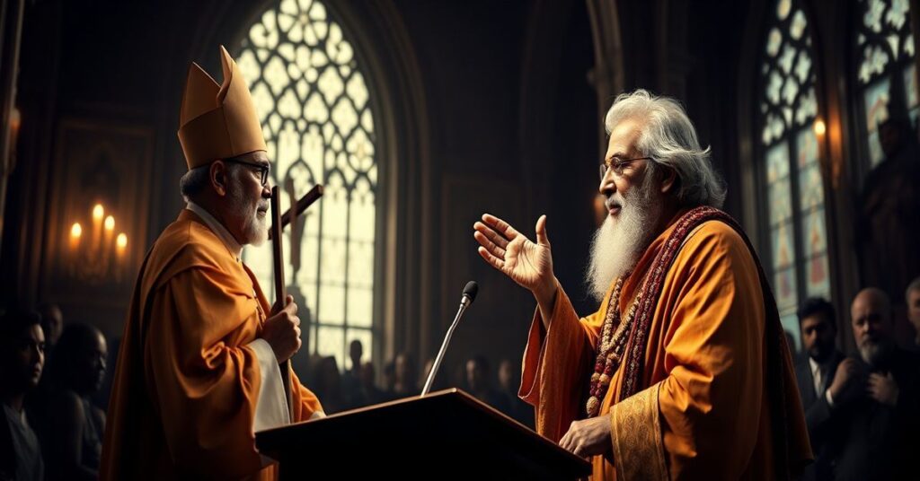 Realistyczny obraz przedstawiający Swamiego Wiwekanandę podczas wystąpienia na Ekumenicznym Parlamencie Religii w Chicago w 1893 roku, w kontrastie z tradycyjnym księdzem katolickim w ciemnym kościele, symbolizującym konflikt między synkretyzmem a prawdziwą wiarą.