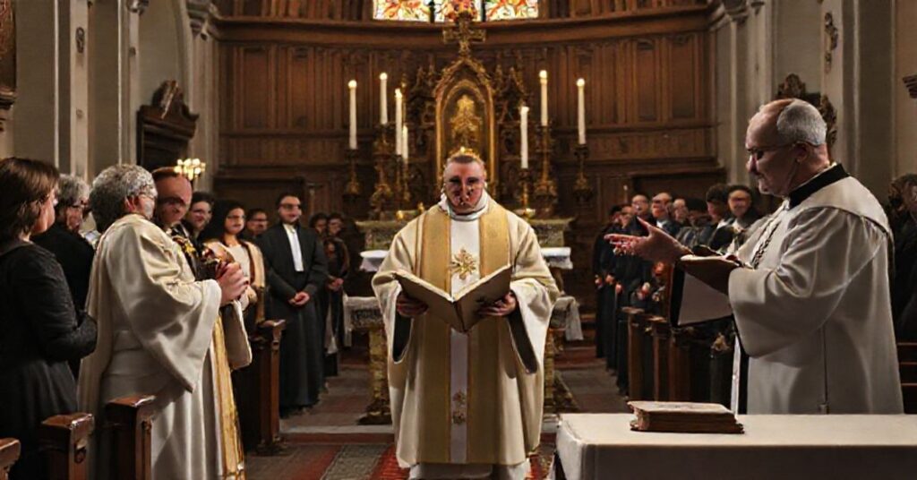 Tradycyjny wnętrze kościelne z kapłanem w paramencie i tabernakulum w tle. Scena ilustruje konflikt między tradycją a nowoczesnymi zmianami liturgicznymi w Kościele.