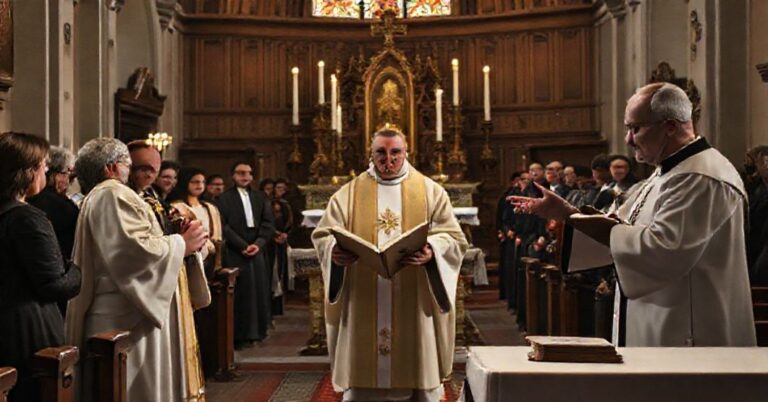 Tradycyjny wnętrze kościelne z kapłanem w paramencie i tabernakulum w tle. Scena ilustruje konflikt między tradycją a nowoczesnymi zmianami liturgicznymi w Kościele.