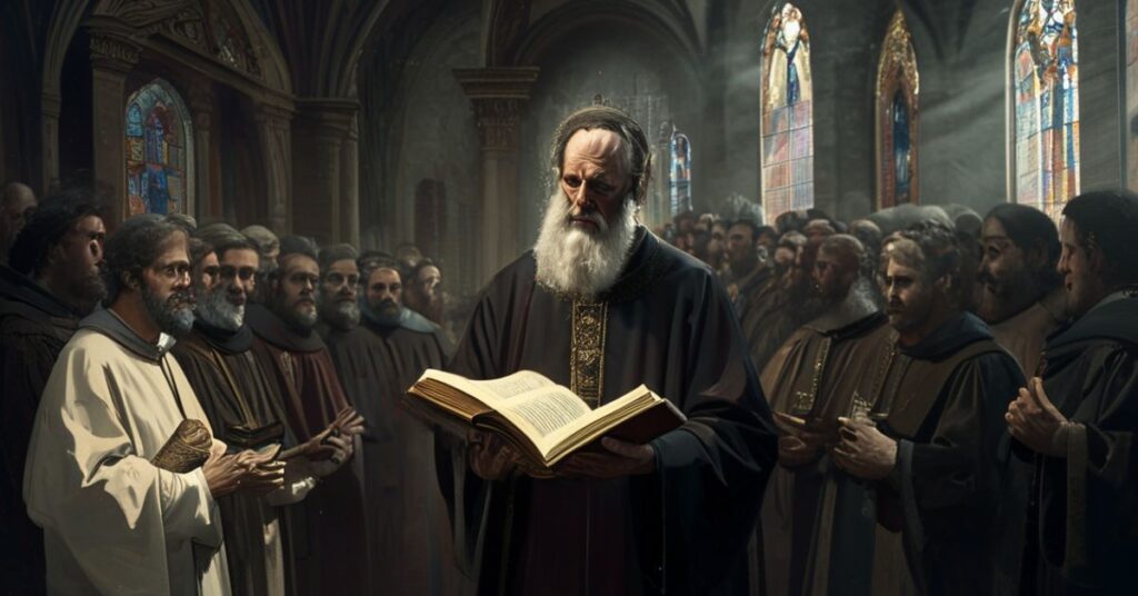 Sobór katolicki przedstawiający konflikt między tradycyjną doktryną i nowoczesnym redukcjonizmem w interpretacji Pisma Świętego.