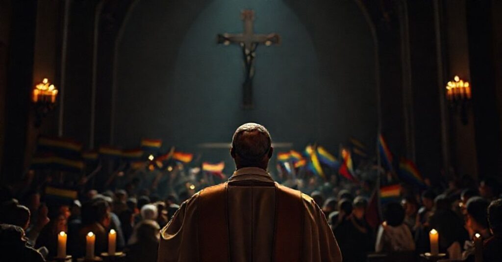 Kleryk w tradycyjnych szatach stoi przed ciemnym prezbiterium z krzyżem w ręku, patrząc z troską na modernistów w tle z flagami LGBT