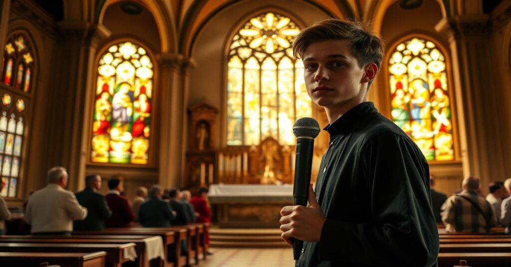 Tradycyjna msza święta w kościele z witrażami i młody mężczyzna z mikrofonem symbolizujący konflikt między tradycją a postmodernizmem